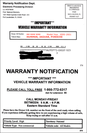 Image of Car Warranty Scams Mailing